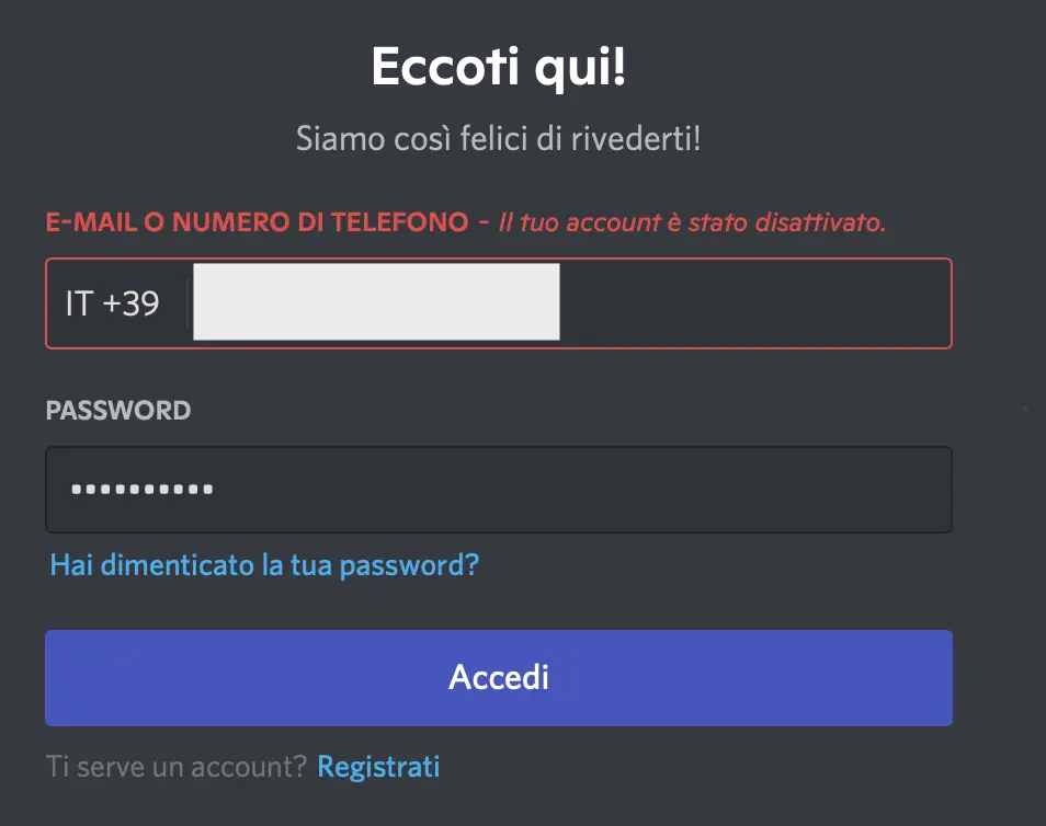 discord account disattivato