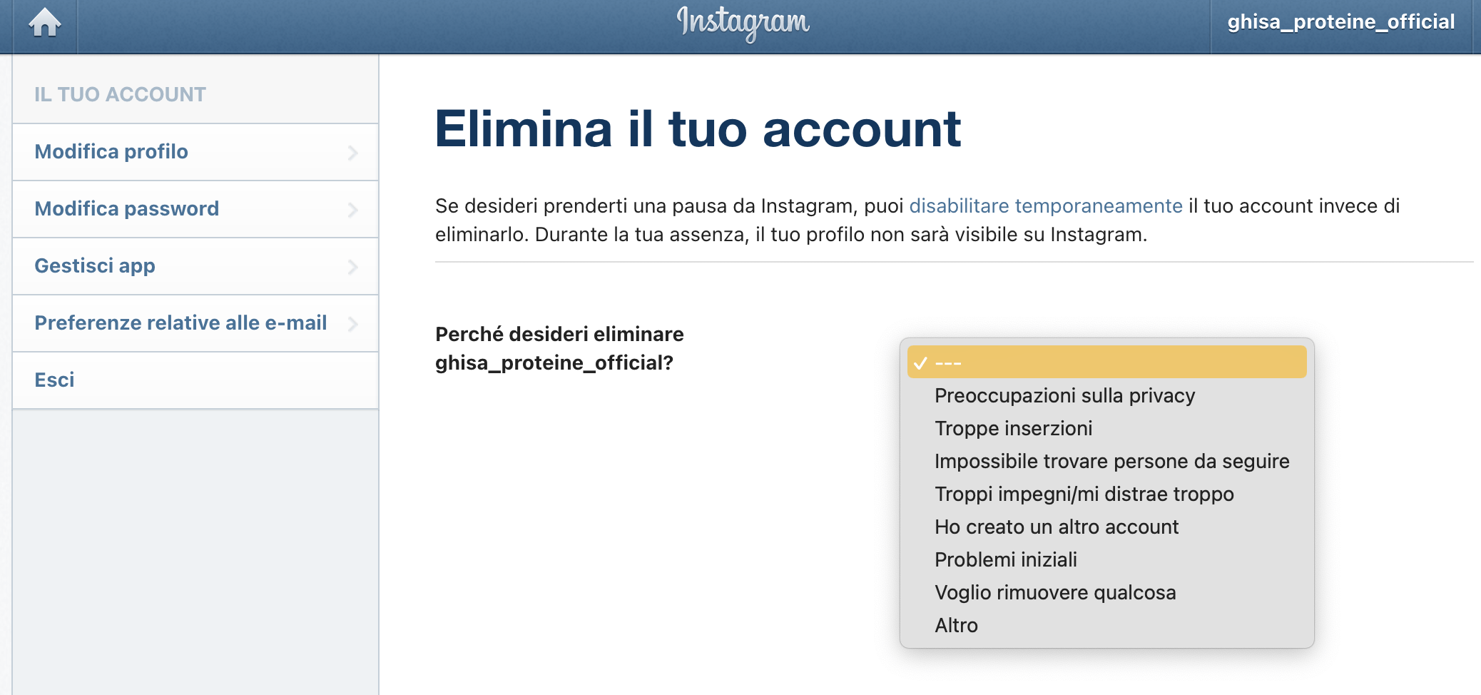 schermata di eliminazione account instagram