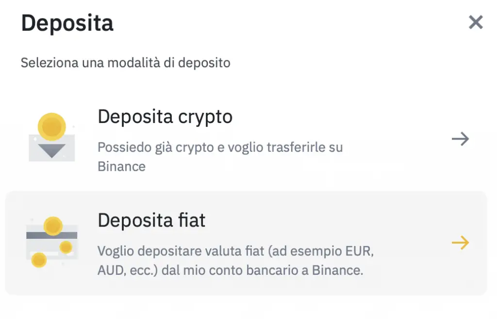 deposita euro su binance