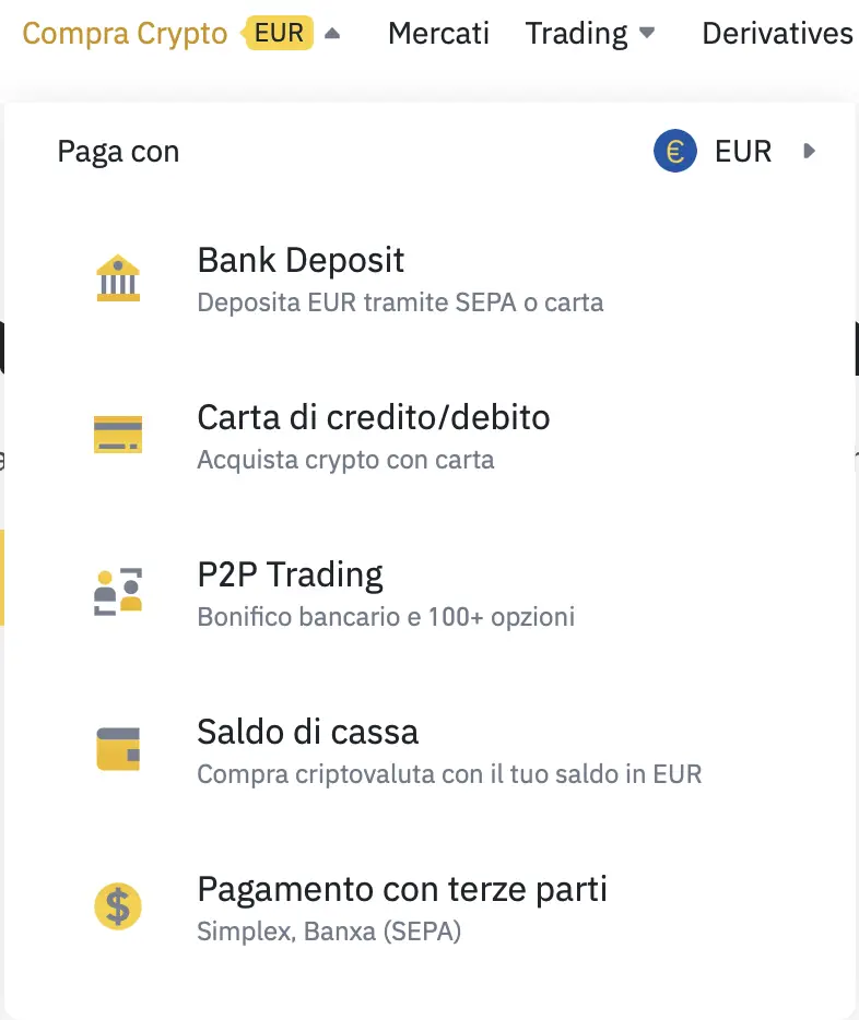 metodi per acquistare crypto su binance